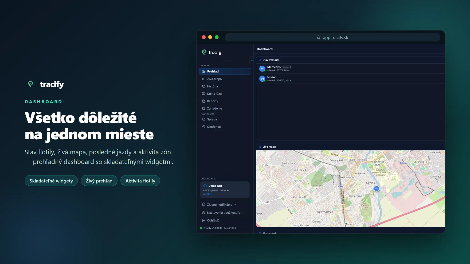 Prehľadný dashboard so stavom flotily a živou mapou