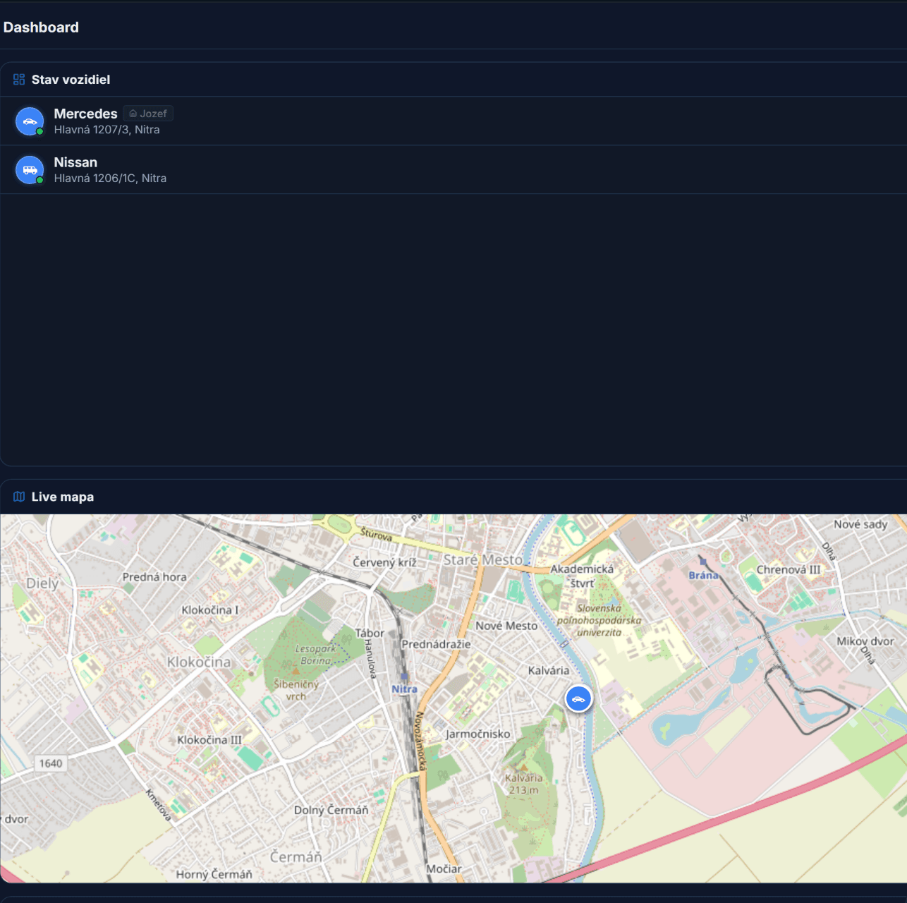 Mapa live GPS monitoringu vozidiel